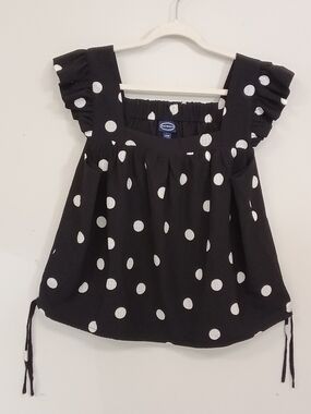 Scoop Black & White Polka Dot Ruffle Babydoll Drawstring Tank Top L